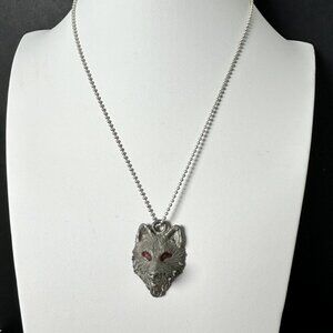 Vintage ETC Pewter Wolf Necklace Diamond Cut Red Eyes Made In USA 24" Chain 925